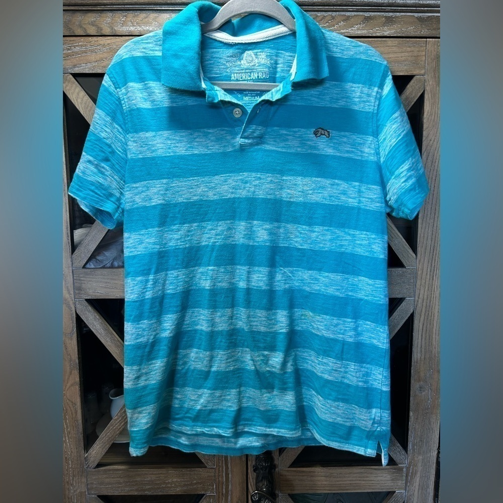 B149. American Rag Striped Polo 100% Cotton Teal/White Medium M